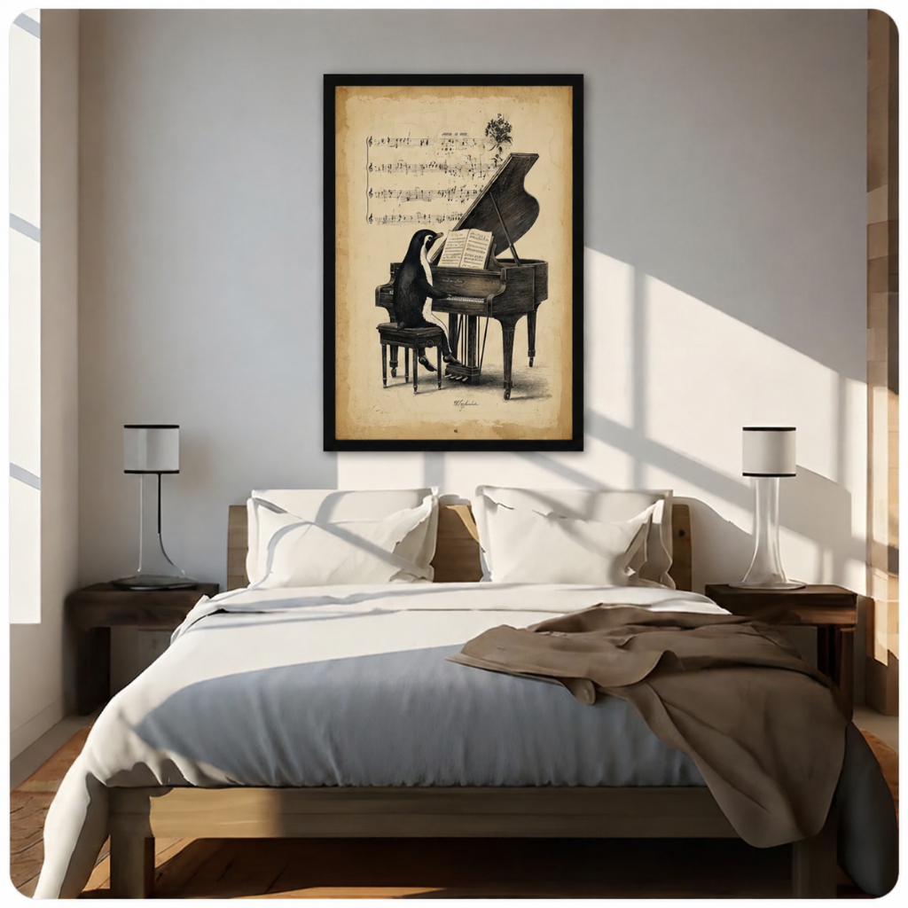 Vintage Penguin Piano Player Canvas Wall Art