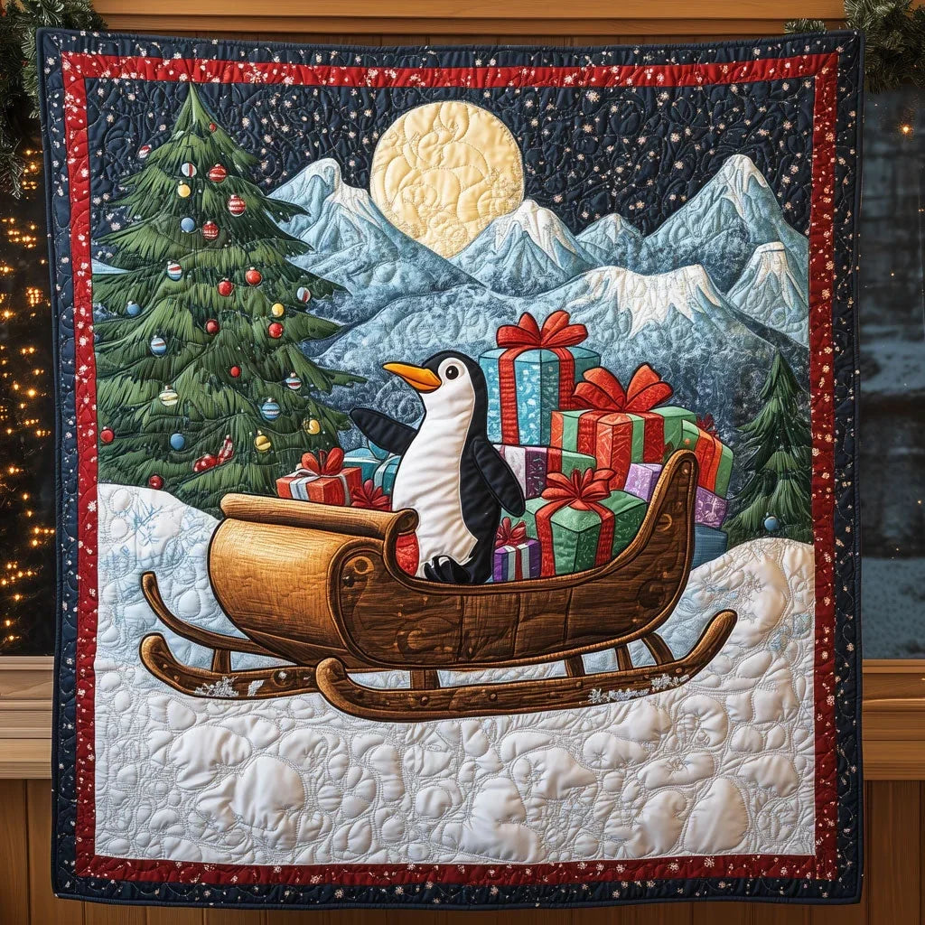 Penguin Santa Sleigh Quilt Blanket