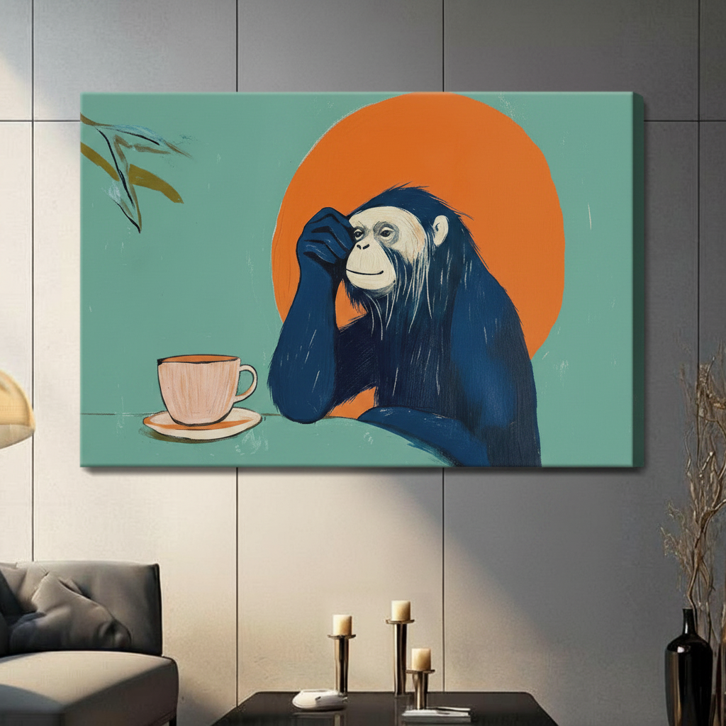 Contemplative Chimp Coffee Pop Art Canvas Wall Art