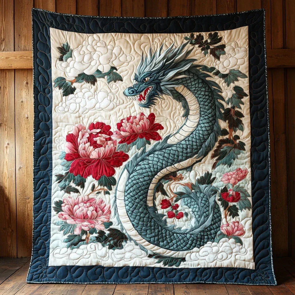 Peony Blossom Dragon Quilt Blanket