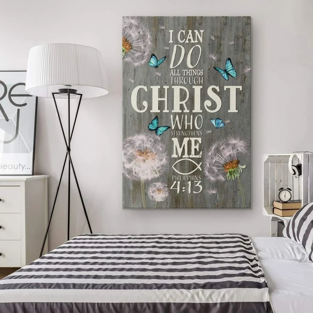 bible verse wall art i can do all things through christ canvas dandelion butterfly (Landscape) (view 2)