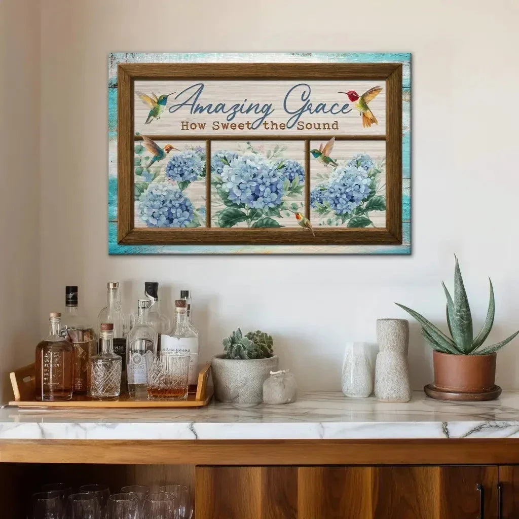amazing grace how sweet the sound hummingbird and hydrangea christian wall art canvas (Landscape) (view 6)