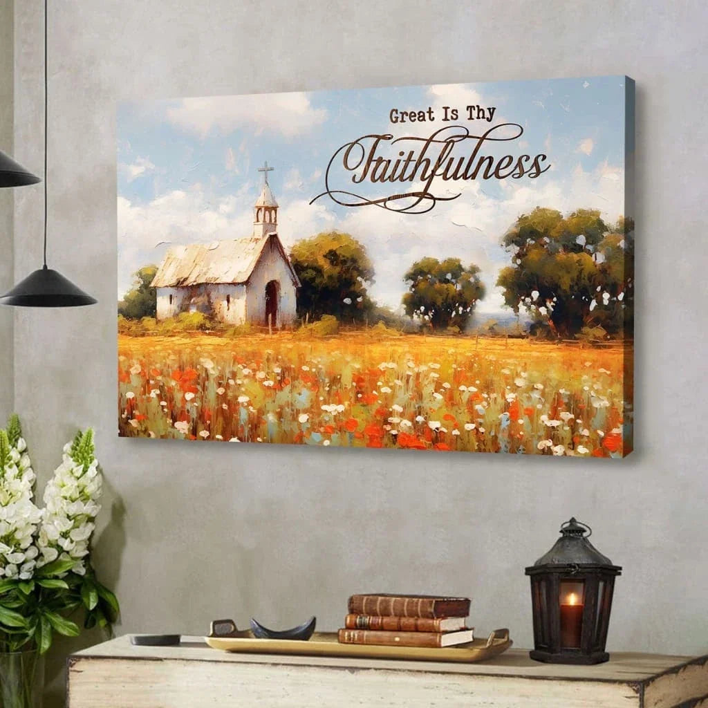 great is thy faithfulness wall art old chapel in a field christian canvas print (Landscape) (view 2)