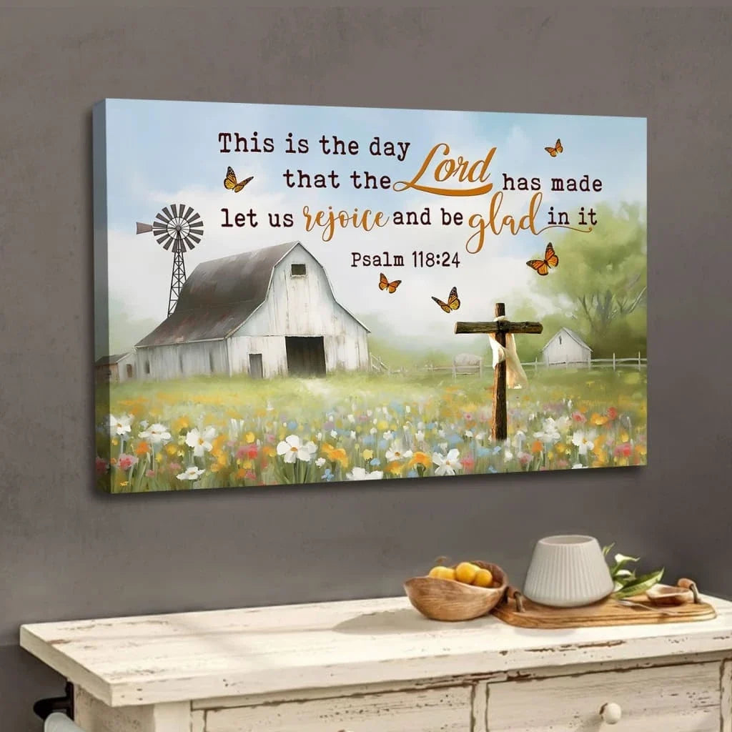 this is the day that the lord has made old barn cross wall art canvas (Landscape) (view 4)
