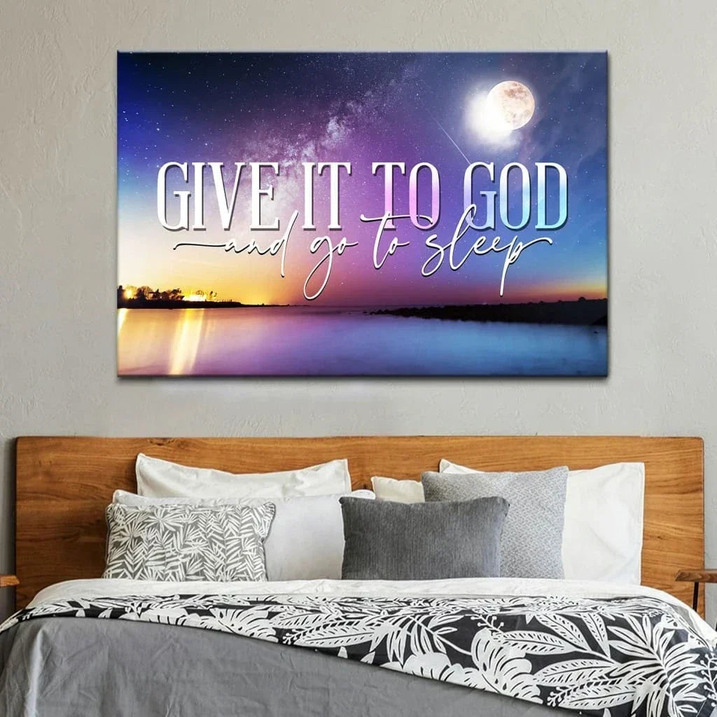 christian wall art decor give it to god and go to sleep canvas moon night sky (Landscape) (view 5)