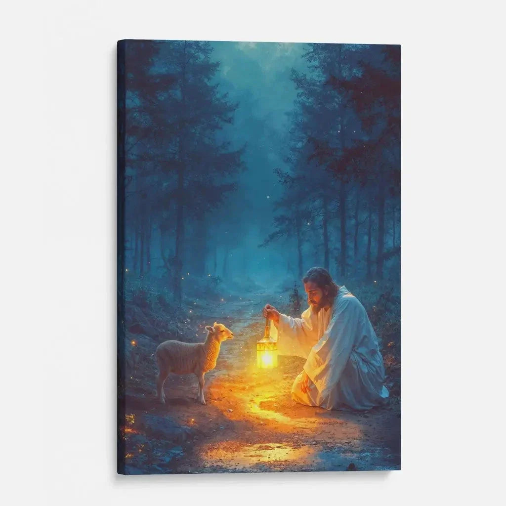 jesus rescues lamb at night wall art canvas (Landscape) (view 10)