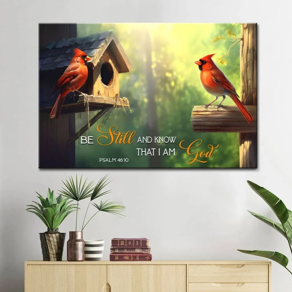 psalm 46 10 wall art be still and know that i am god canvas with cardinal couple (Landscape) (view 4)