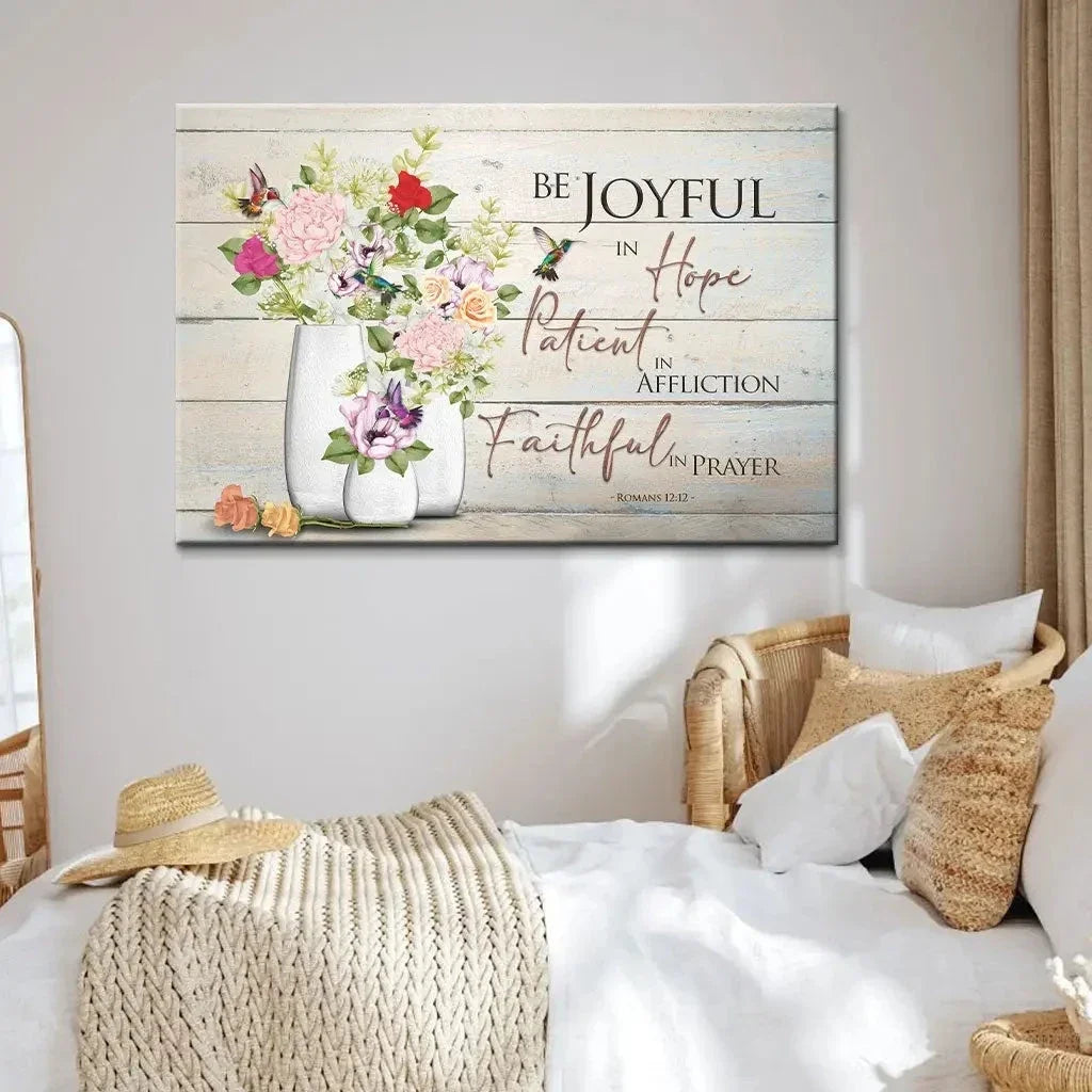 be joyful in hope romans 12 12 hummingbird flower vase wall art canvas (Landscape) (view 4)