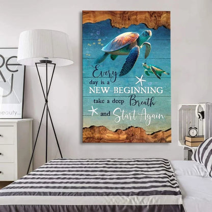 christian wall art every day is a new beginning turtle beach canvas print (view 2)