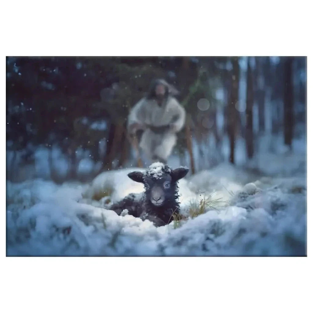 jesus running to rescue a lost sheep in a snowy forest wall art canvas (Landscape) (view 11)