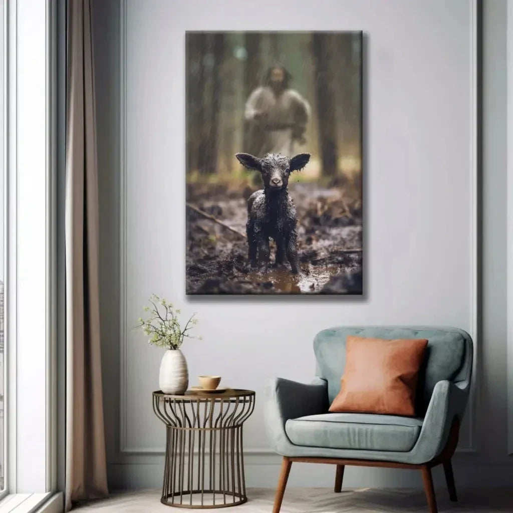 christian wall art jesus runs after his lost sheep in the rainy forest canvas (view 5)