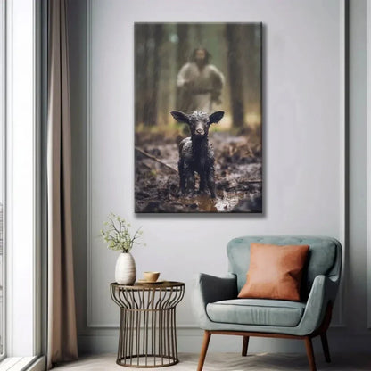christian wall art jesus runs after his lost sheep in the rainy forest canvas (view 5)