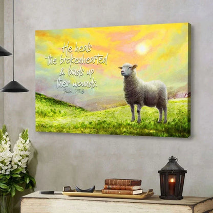 psalm 147 3 he heals the brokenhearted sheep christian wall art canvas (Landscape) (view 5)