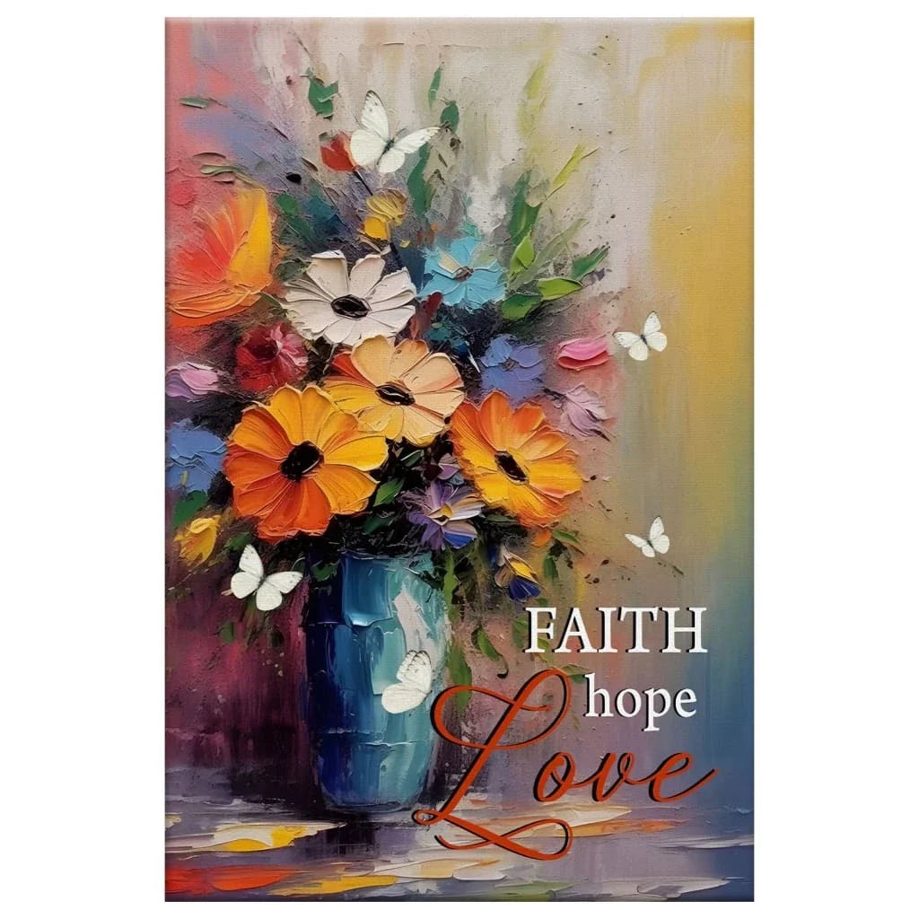 faith hope love butterfly vase with flowers wall art canvas print (view 4)