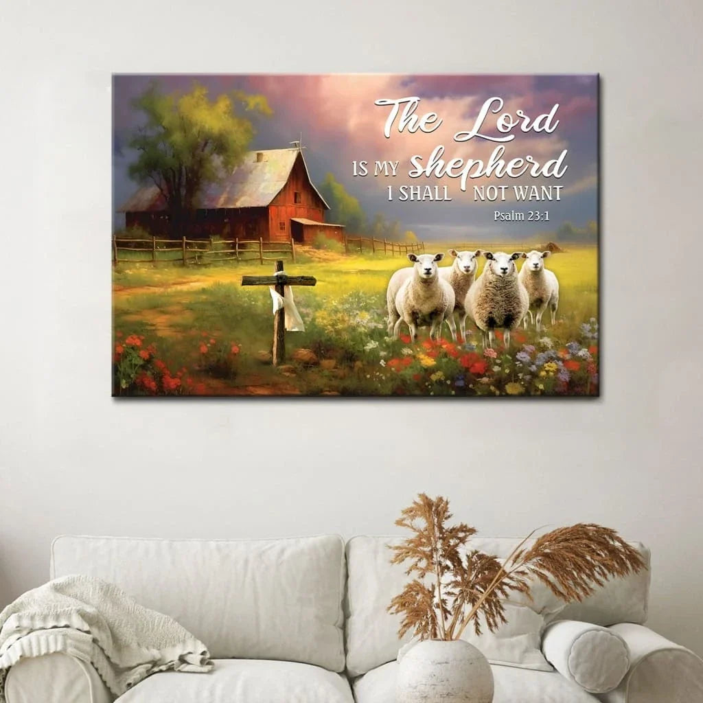 the lord is my shepherd red barn and sheep psalm 23 1 wall art canvas (Landscape) (view 4)
