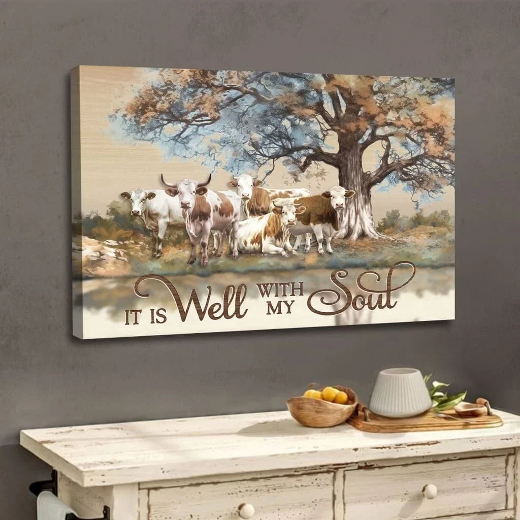 christian wall art it is well with my soul canvas art cows under tree (Landscape) (view 6)