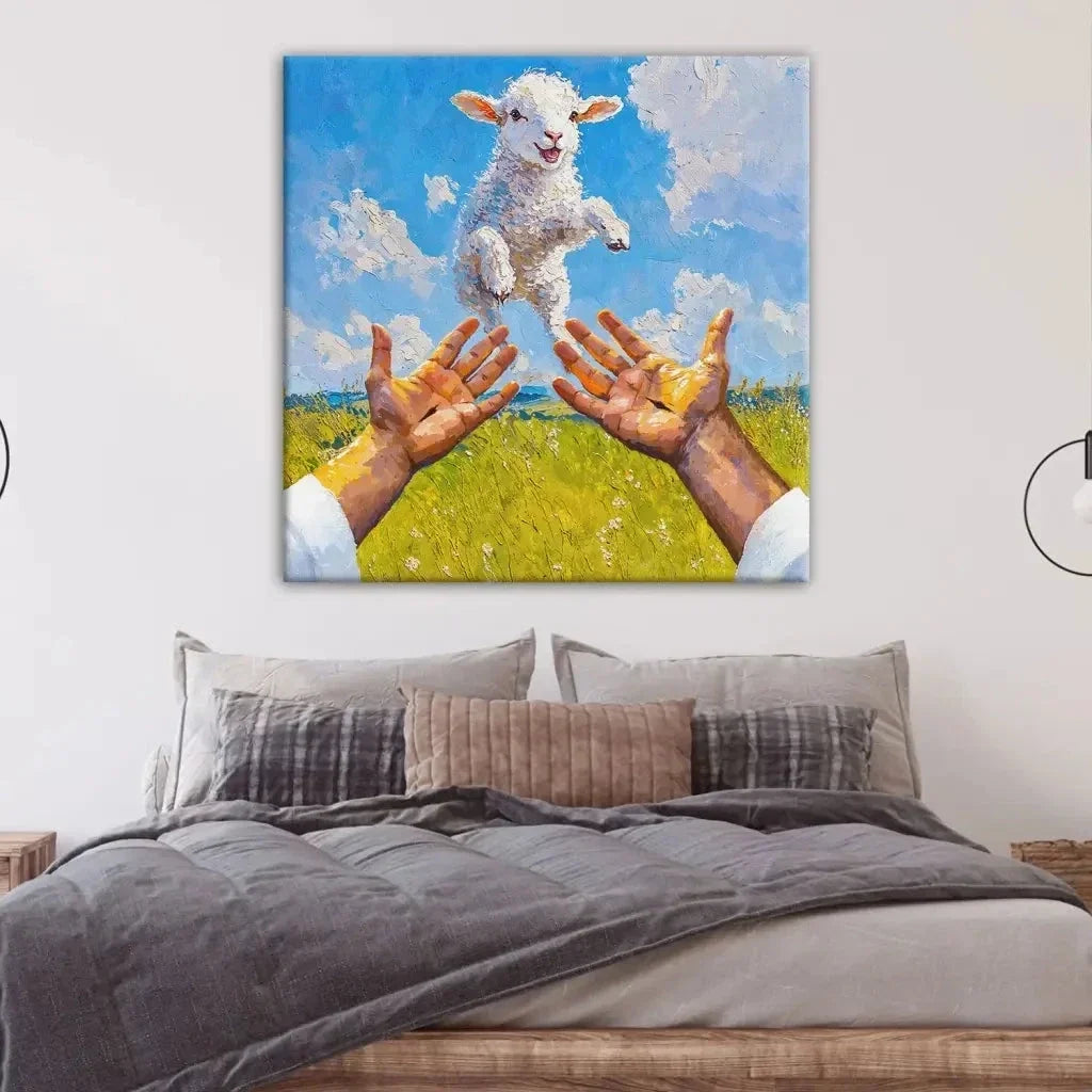 a lamb jumps into jesus arms christian wall art canvas (Landscape) (view 10)