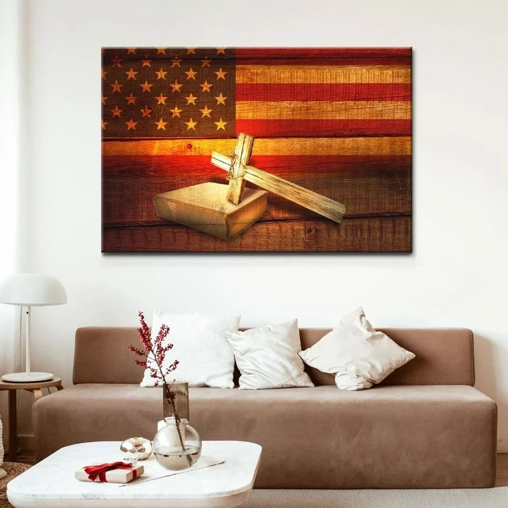 american flag cross with holy bible book wall art canvas (Landscape) (view 5)