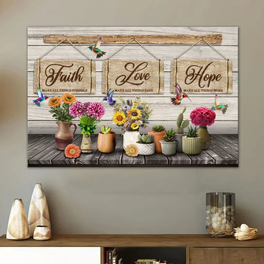 rustic christian wall art canvas faith love hope hummingbirds and flowers (Landscape) (view 2)