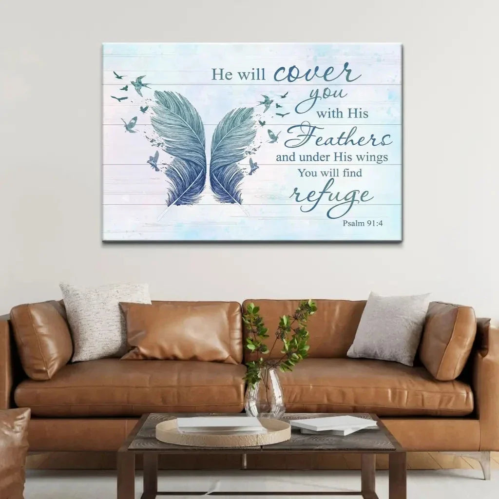 he will cover you with his feathers psalm 91 4 bible verse wall art canvas (Landscape) (view 6)