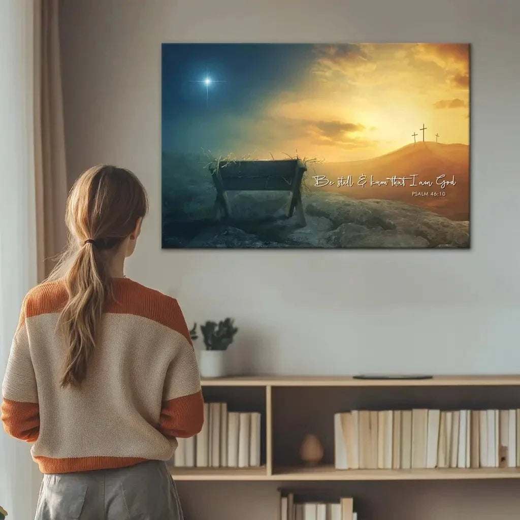 christian wall art canvas be still and know psalm 46 10 manger cross star (Landscape) (view 7)