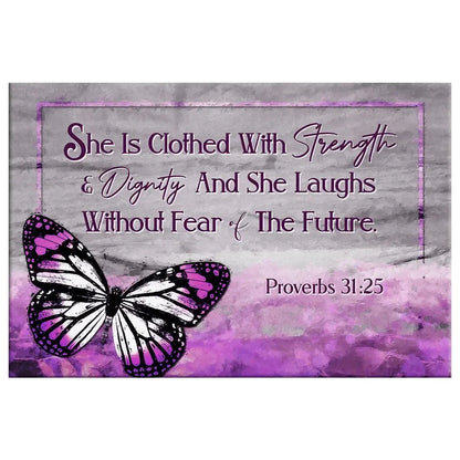 she is clothed with strength and dignity wall art canvas butterfly proverbs 31 25 bible verse art (Landscape) (view 4)