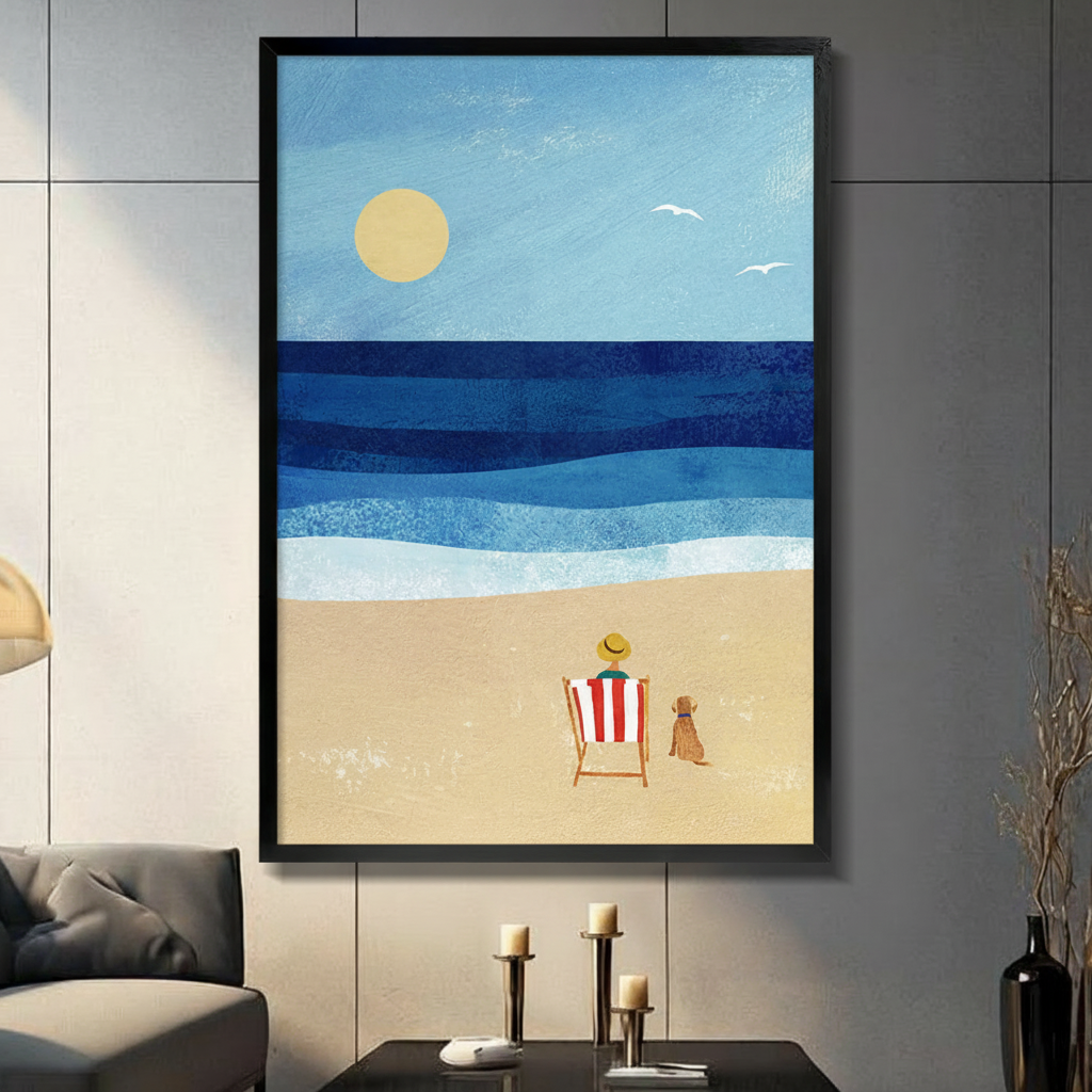 Person and Dog Beach Day Coastal Canvas Wall Art