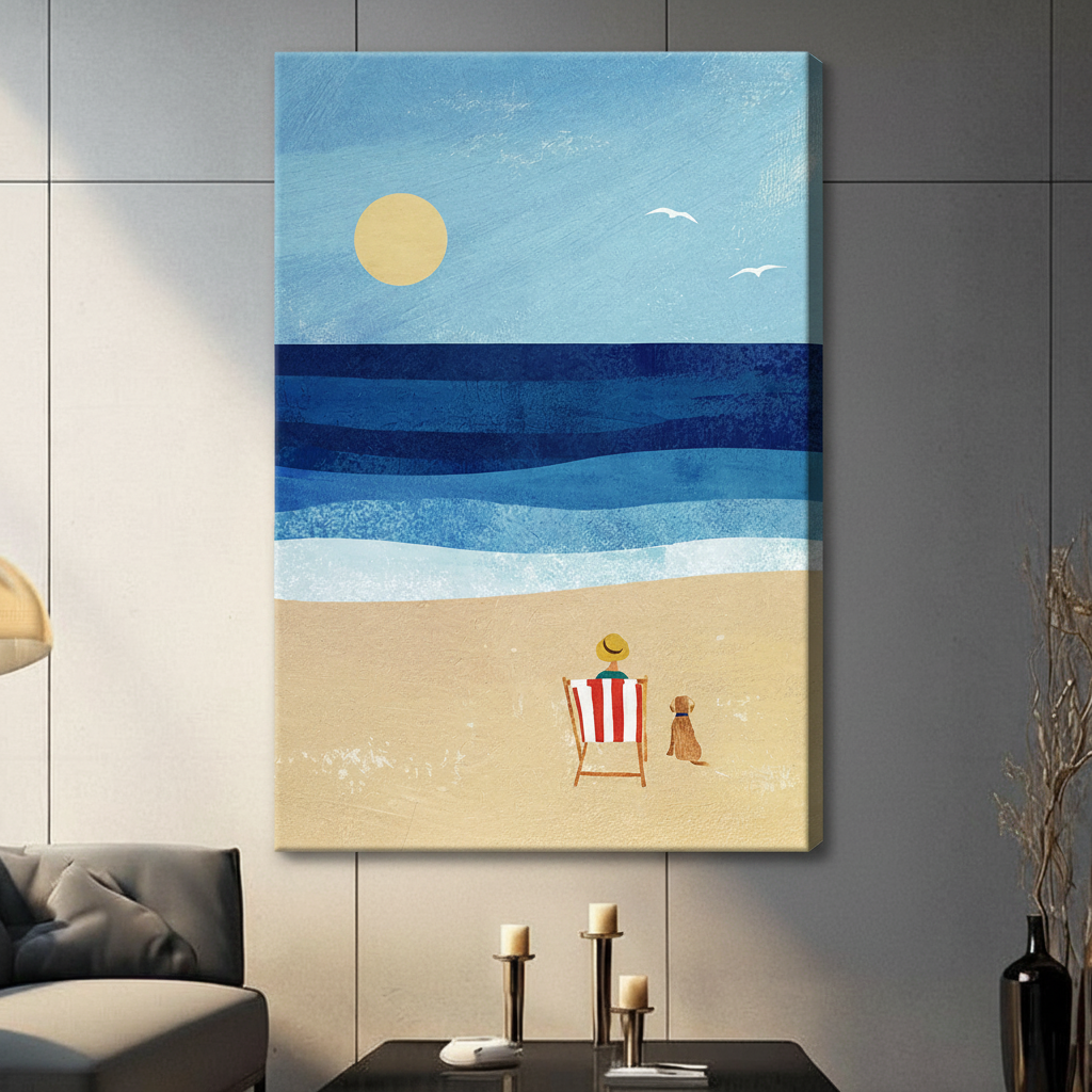 Person and Dog Beach Day Coastal Canvas Wall Art