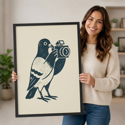 Pigeon Photographer Retro Linocut Canvas Art Wall Art