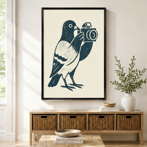 Pigeon Photographer Retro Linocut Canvas Art Wall Art