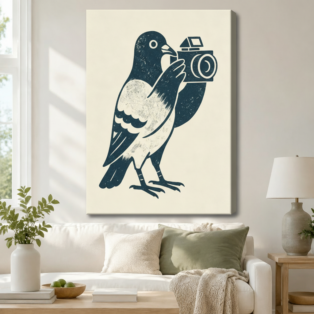 Pigeon Photographer Retro Linocut Canvas Art Wall Art
