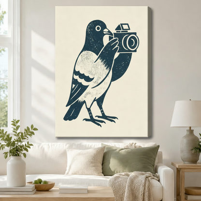 Pigeon Photographer Retro Linocut Canvas Art Wall Art