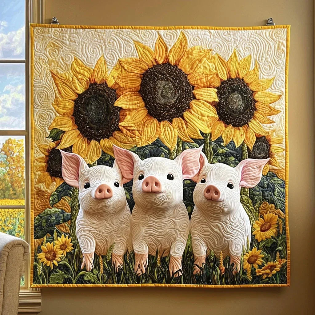 Pigs In Sunflower Garden Quilt Blanket