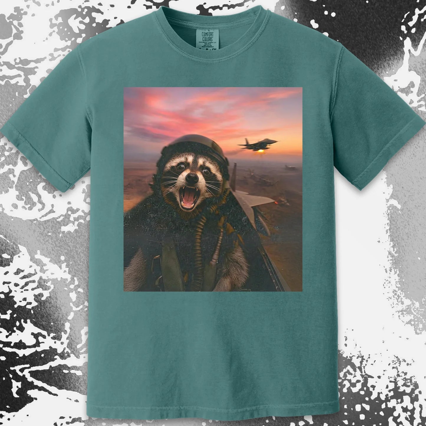 Raccoon Fighter Pilot Tee – Adrenaline at Dusk, funny meme tee gift (view 14)