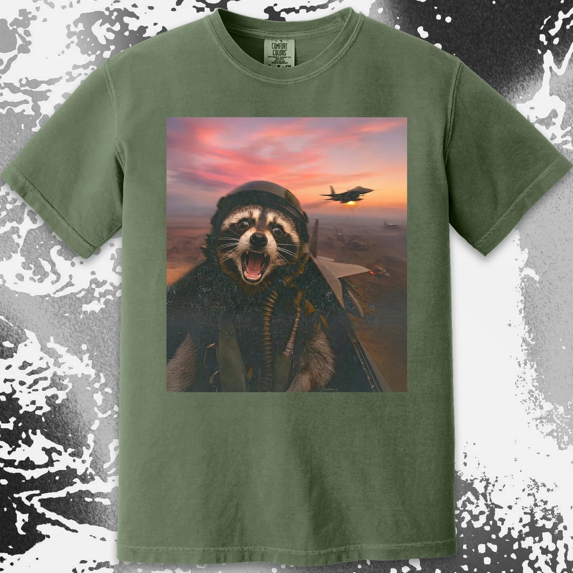 Raccoon Fighter Pilot Tee – Adrenaline at Dusk, funny meme tee gift (view 16)