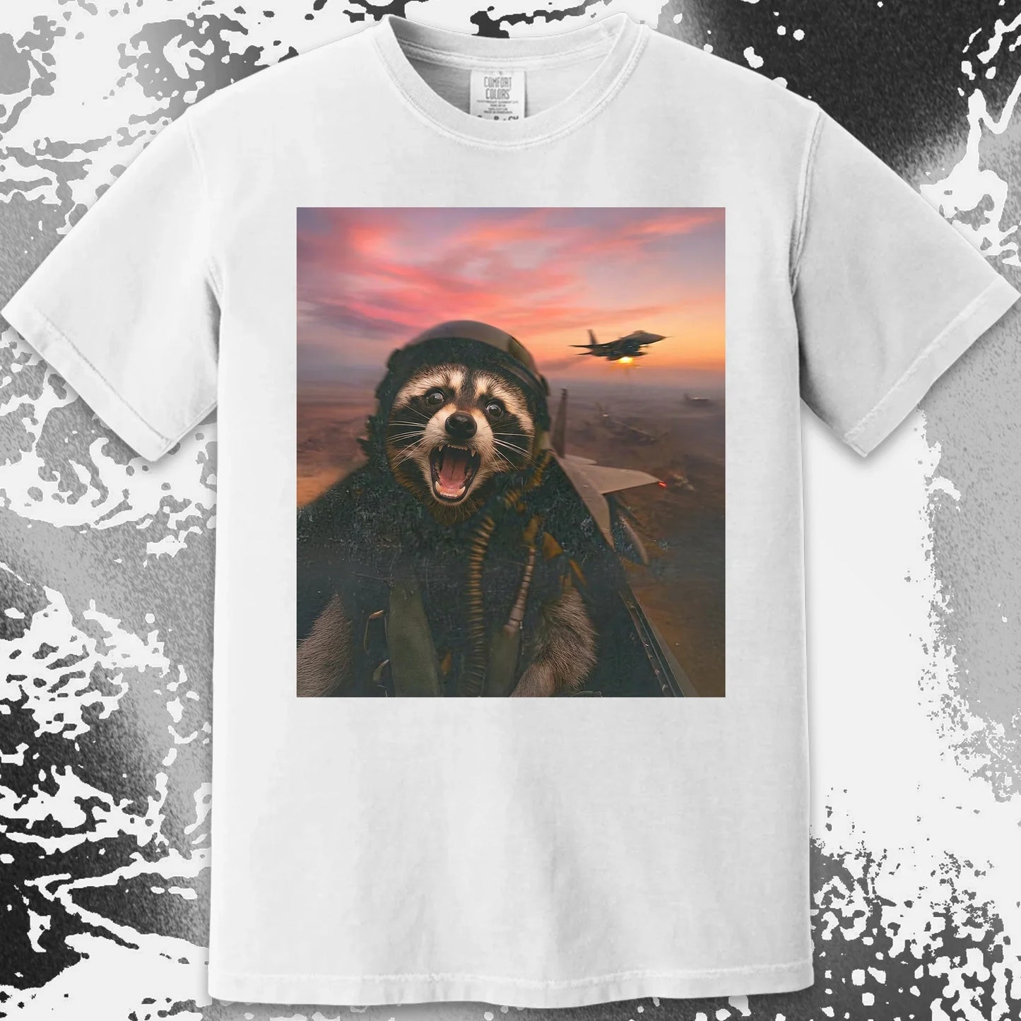 Raccoon Fighter Pilot Tee – Adrenaline at Dusk, funny meme tee gift (view 19)