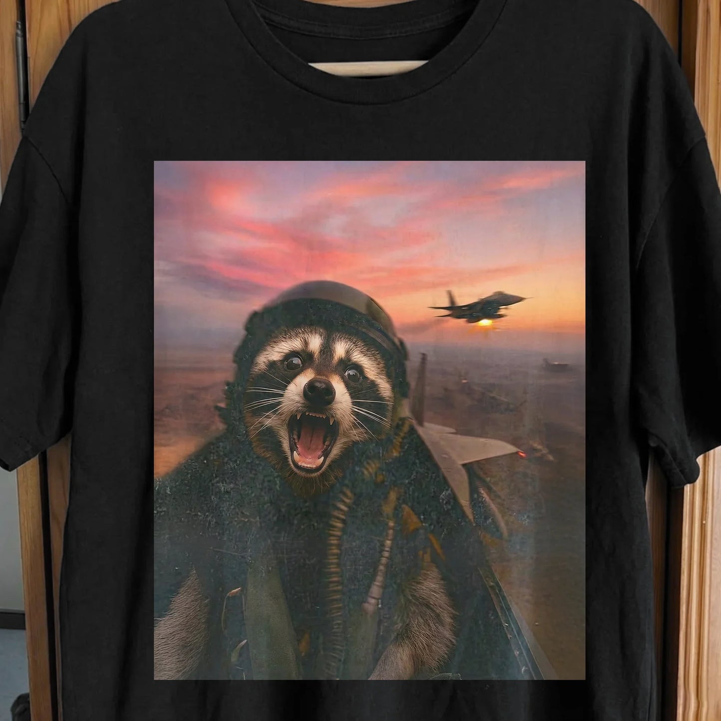 Raccoon Fighter Pilot Tee – Adrenaline at Dusk, funny meme tee gift