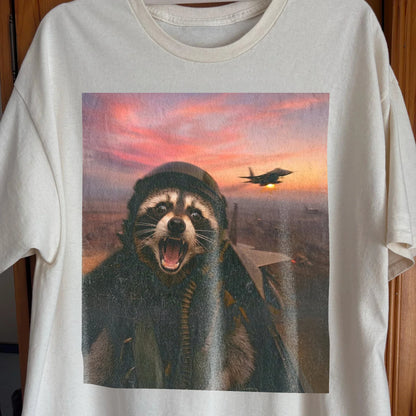 Raccoon Fighter Pilot Tee – Adrenaline at Dusk, funny meme tee gift (view 2)