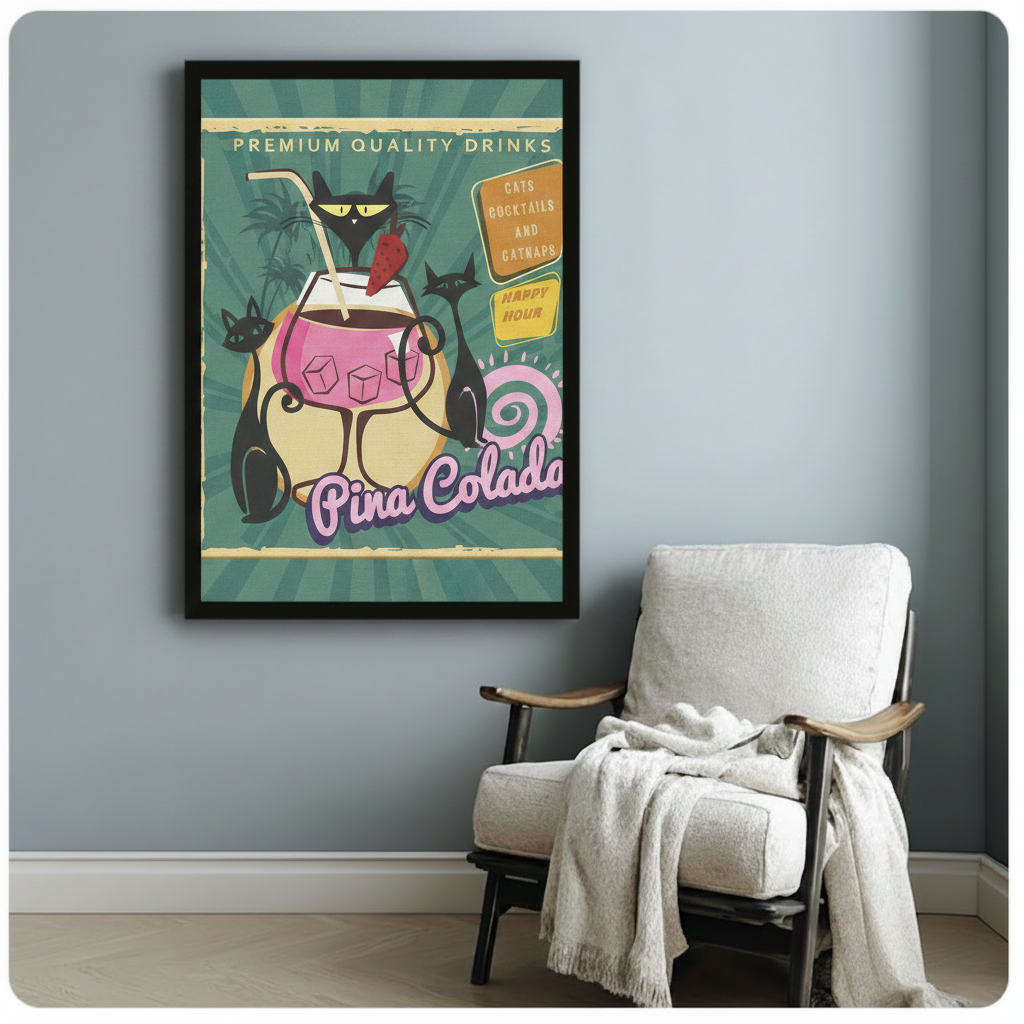 Retro Cat Pina Colada Cocktail Canvas Wall Art