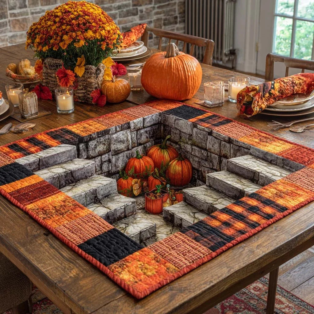 Plaid Stairway Pumpkin Cellar Quilted Table Topper