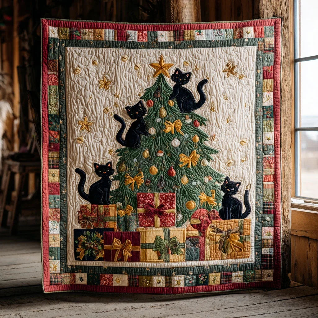 Playful Black Cat Christmas Quilt Blanket