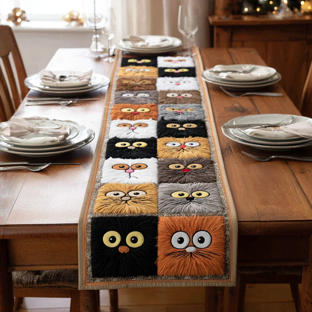 Playful Cat Grid Quilted Table Runner