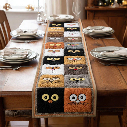 Playful Cat Grid Quilted Table Runner