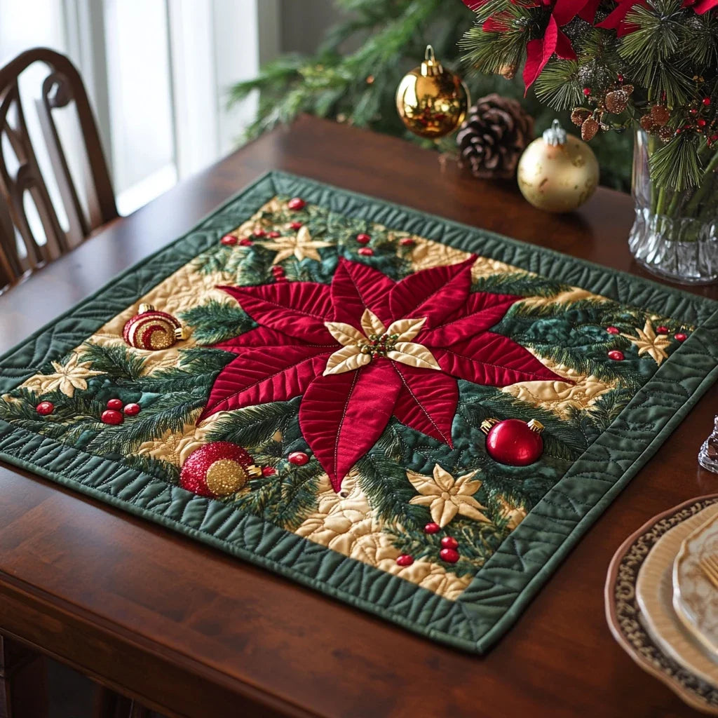 Poinsettia Charm Quilted Table Topper