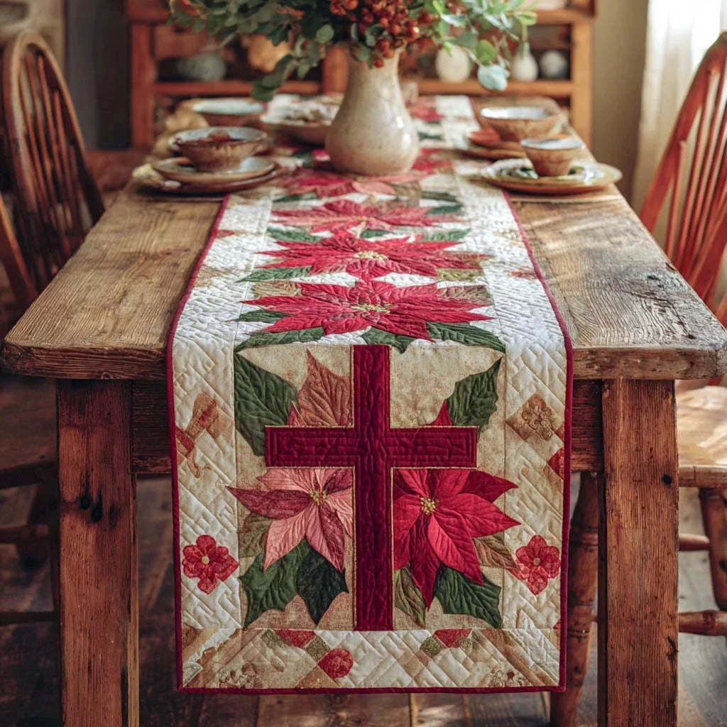 Poinsettia Cross Quilted Table Runner