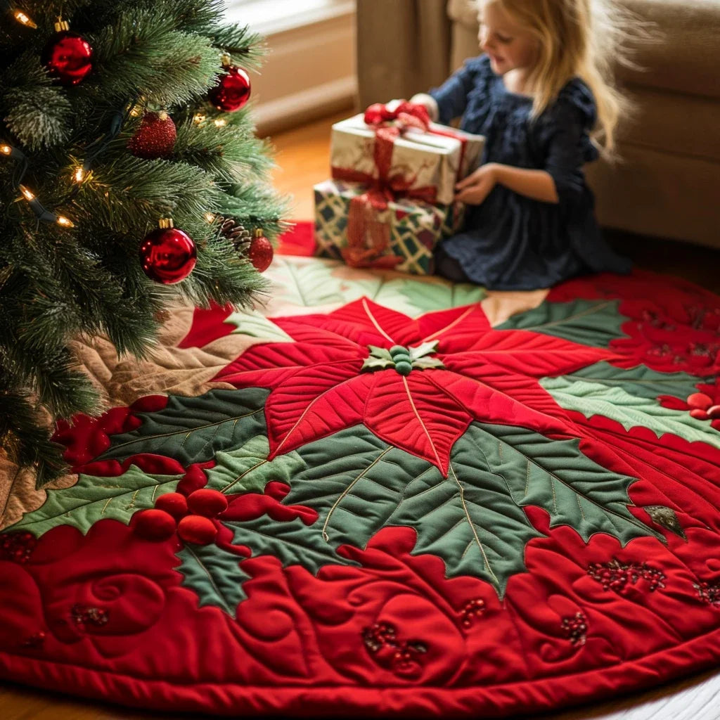Poinsettia Delight Quilted Christmas Tree Skirt