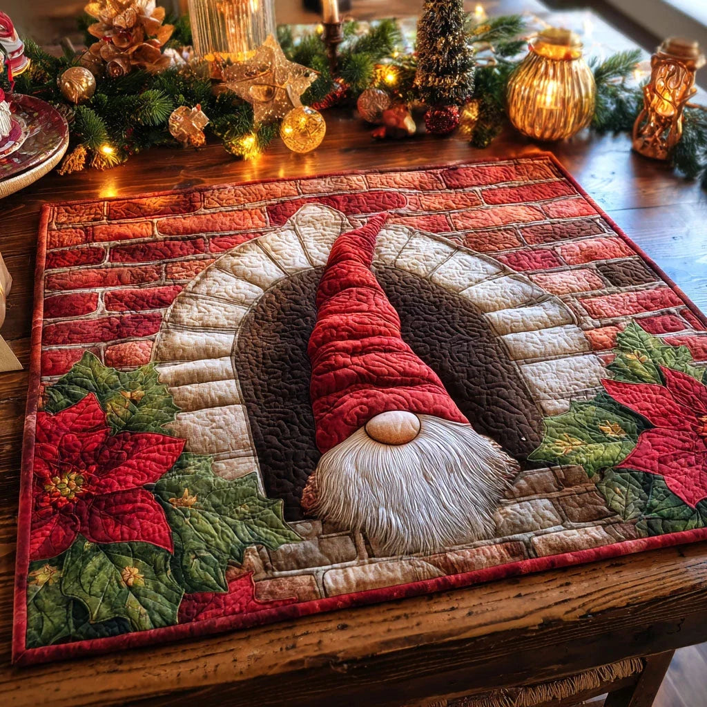 Poinsettia Gnome Quilted Table Topper