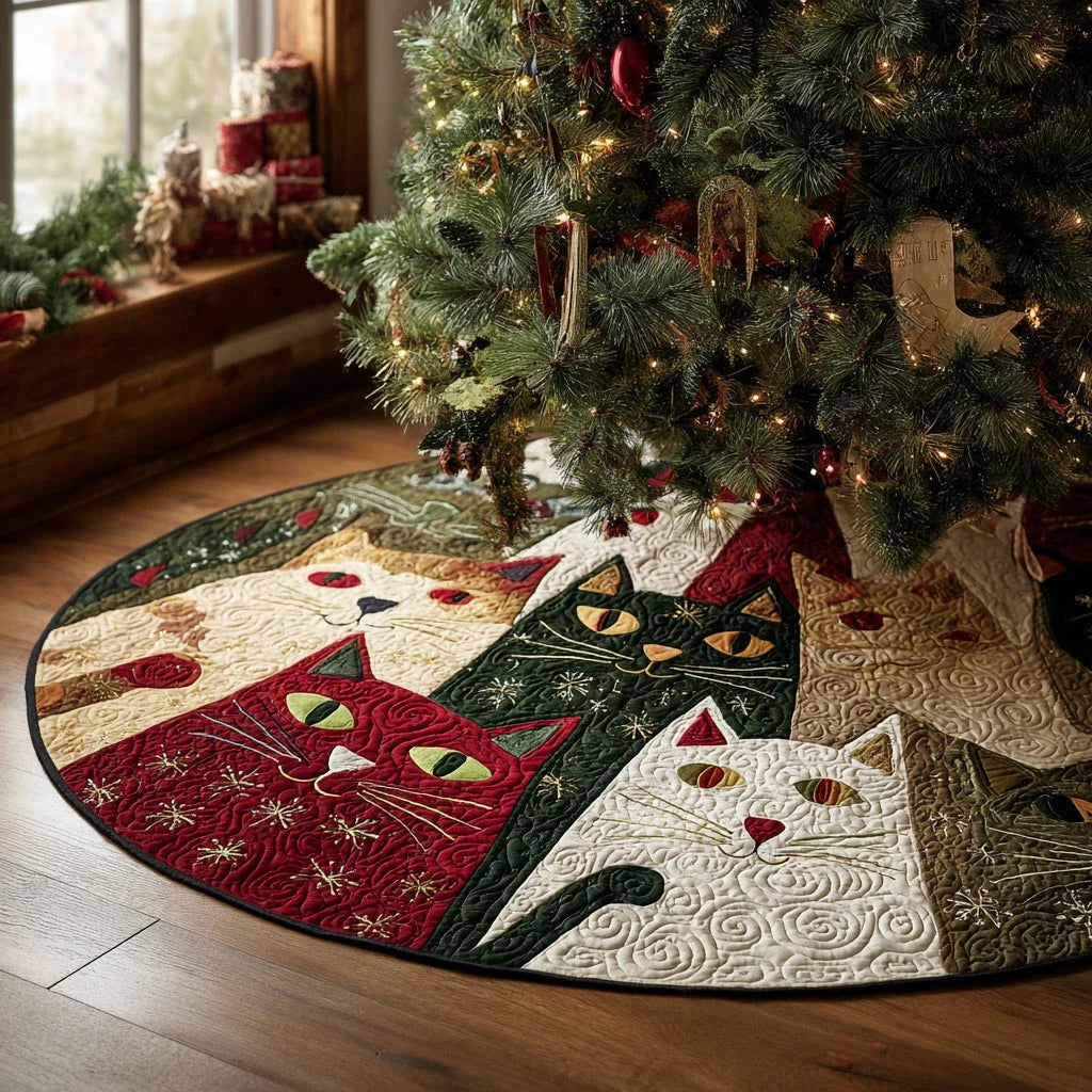 Poinsettia Kitty Christmas Quilted Tree Skirt