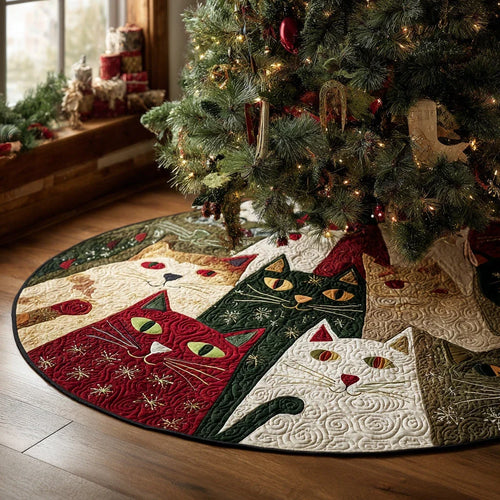 Poinsettia Kitty Christmas Quilted Tree Skirt