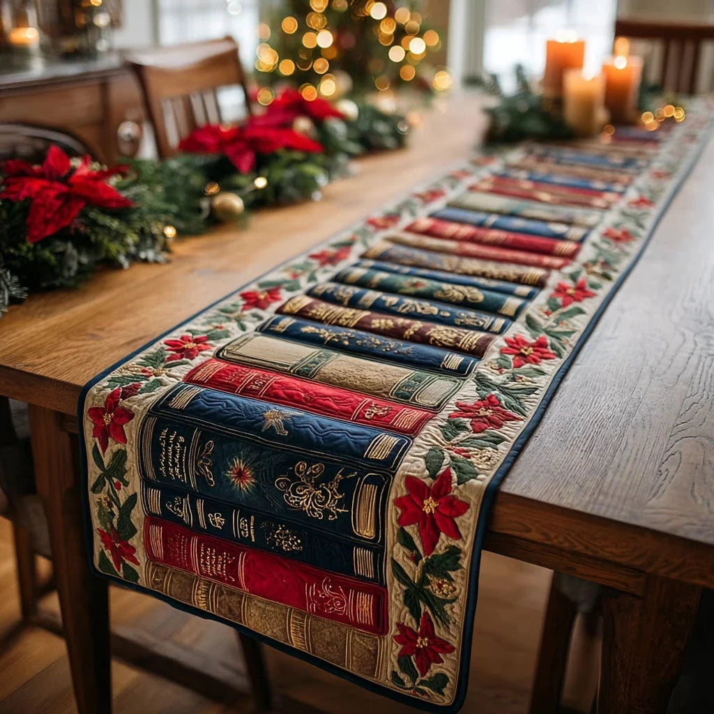Poinsettia Library Quilted Table Runner
